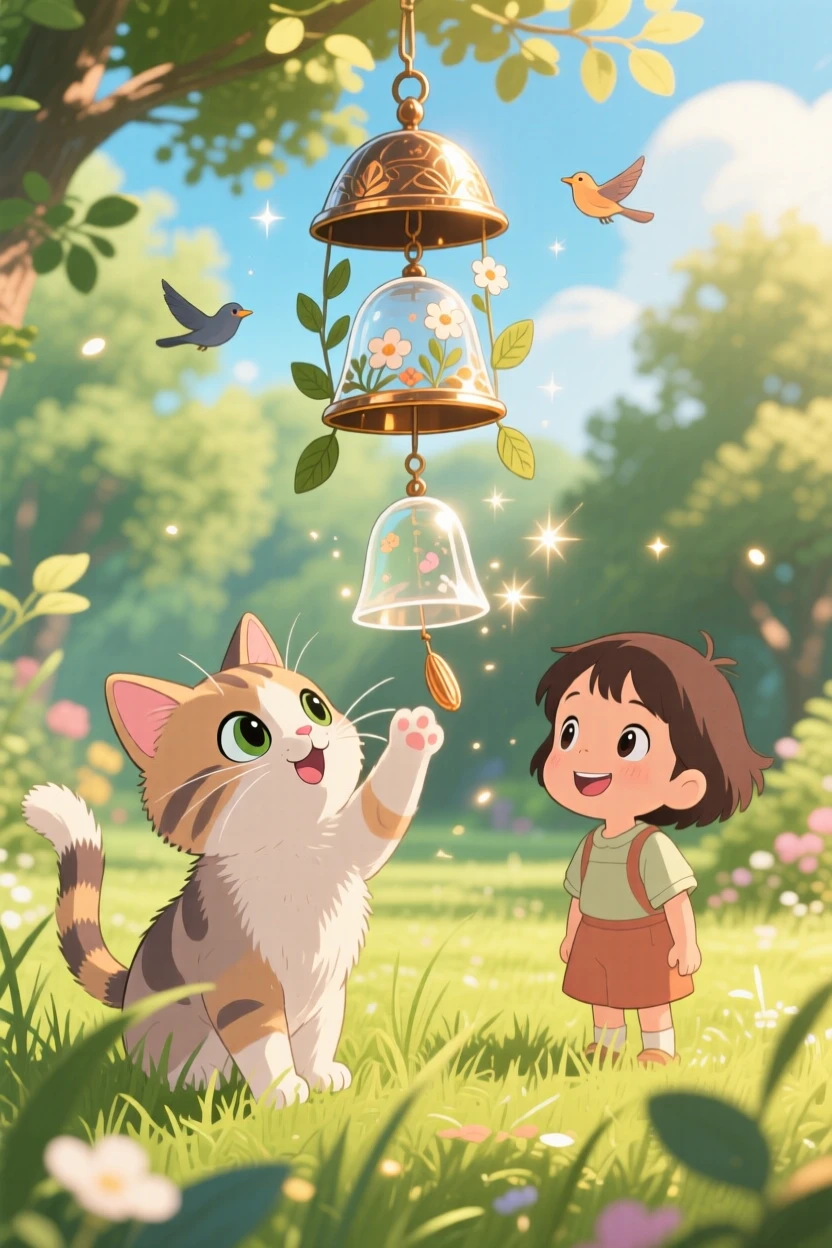 A kitten batting at a dangling wind chime, beside a small child watching with delight, radiating pure charm.