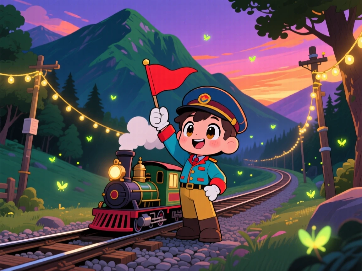In a scenic mountain railway, a young conductor is waving a flag beside a tiny steam train as fireflies begin to glow at dusk, bathed in glowing string lights, expression full of triumphant pride. Shot as a low-angle shot looking up.