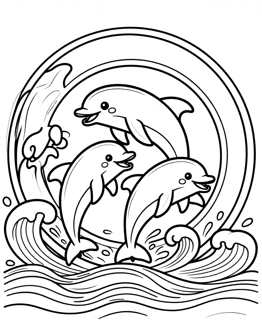 A group of dolphins jumping through hoops made of waves