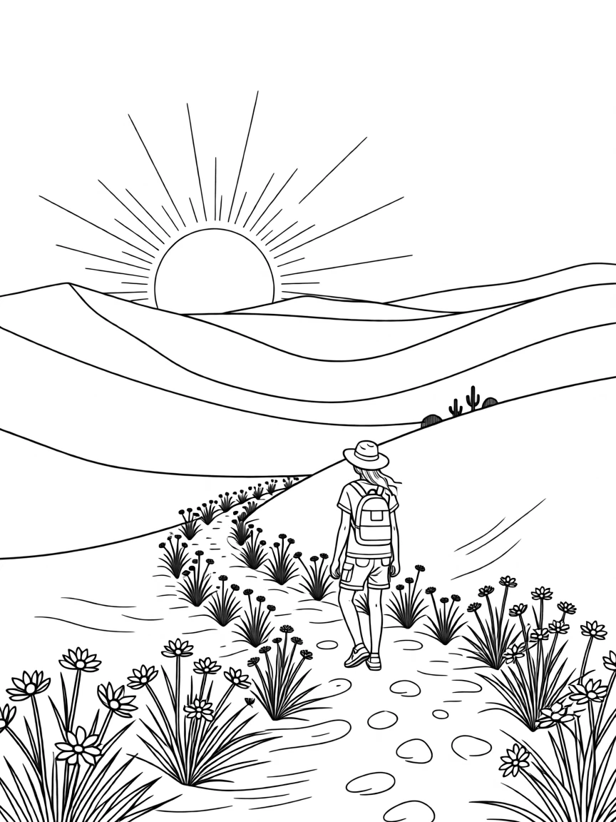 A desert landscape with towering sand dunes at sunset, with wildflowers scattered along the trail.