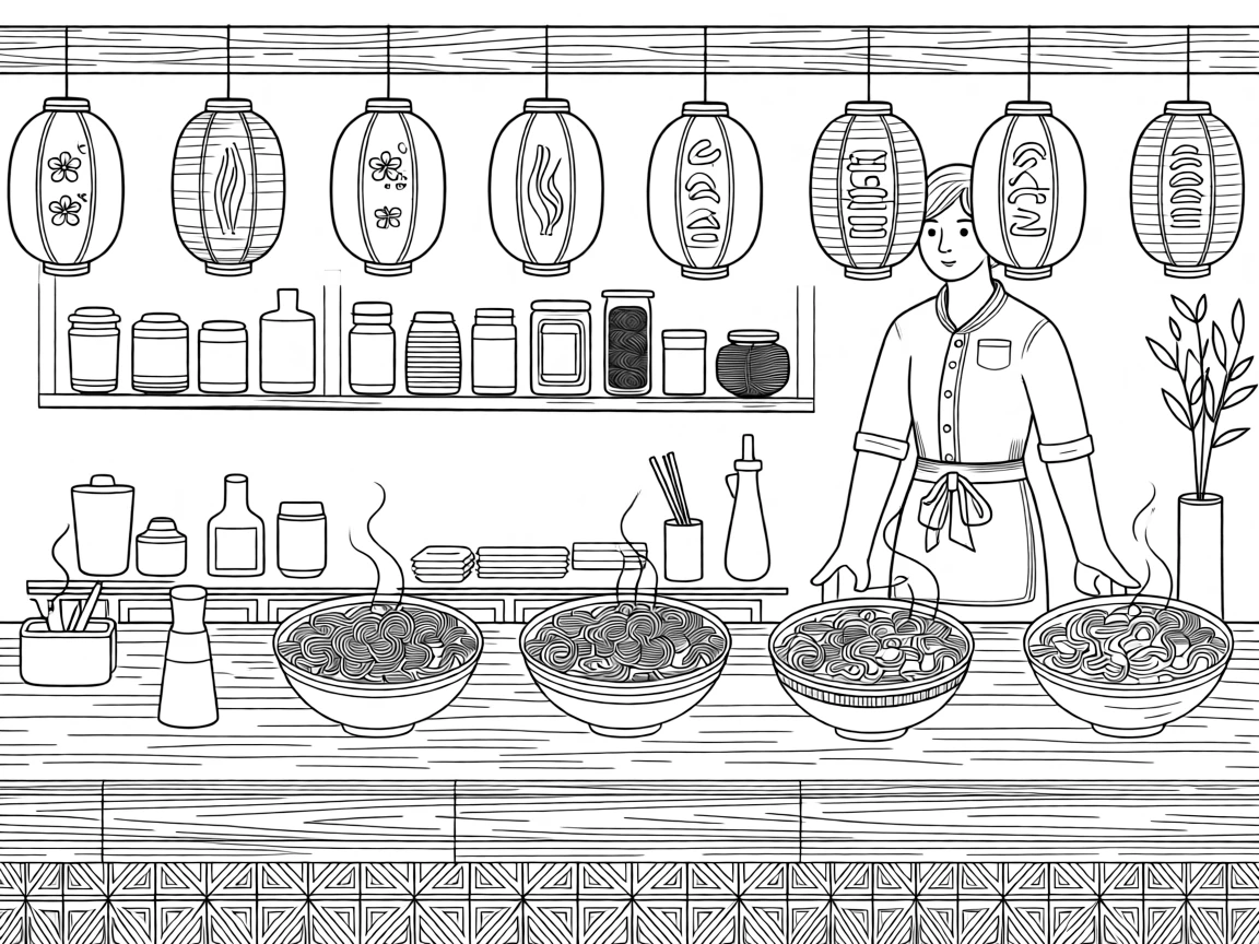 A noodle shop counter with steaming bowls and hanging paper lanterns.