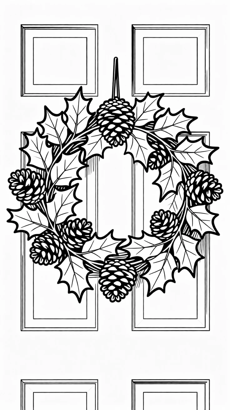 A wreath of holly and pinecones on a front door