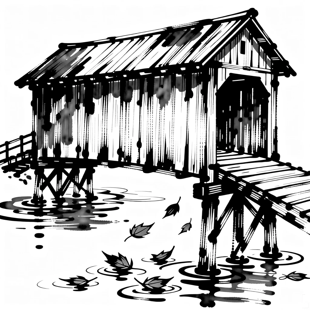 A rustic covered bridge with autumn leaves drifting onto the water below.