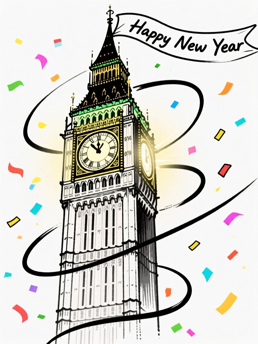 A New Year's Eve countdown with a glowing clock tower and confetti.