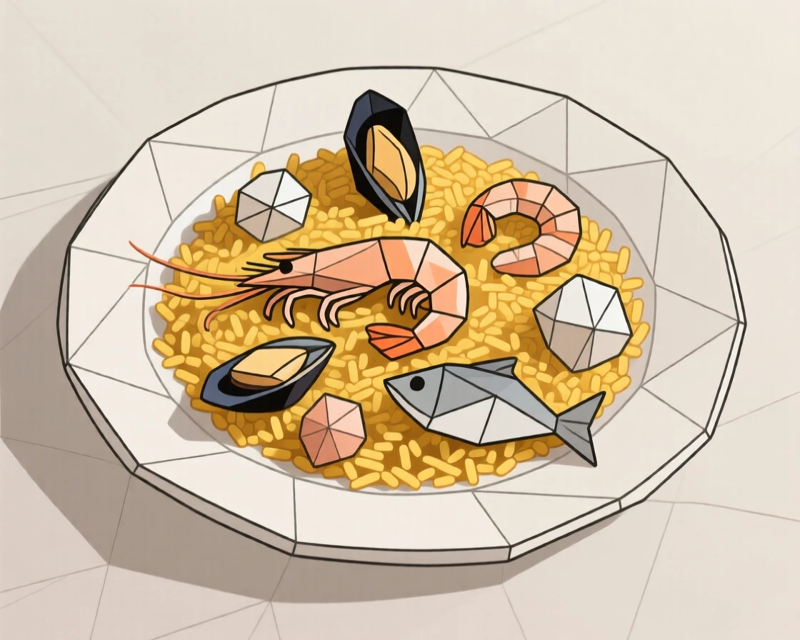 A plate of paella with saffron rice and seafood