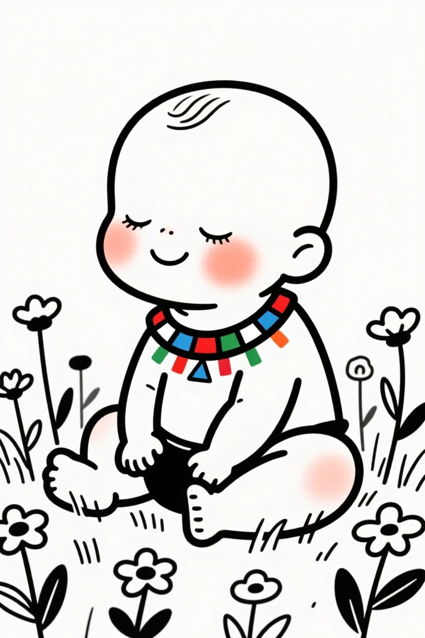 A sleepy baby of Scottish heritage wearing a Maasai beaded collar, grinning mischievously, in a field of wildflowers.