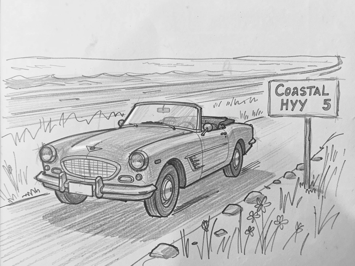 A classic convertible car cruising a coastal highway, on a quiet countryside lane, with golden sunset light reflecting off the chrome.