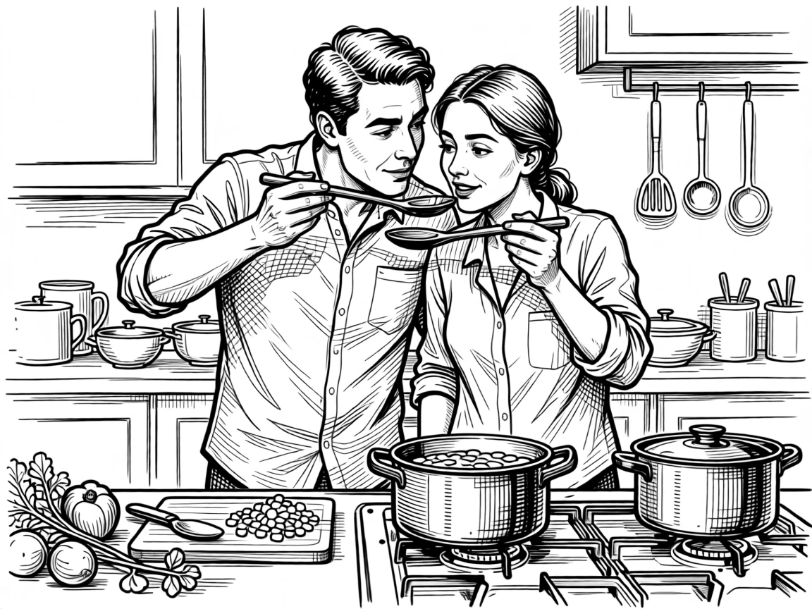 A couple cooking dinner together, sharing a taste from the same spoon.
