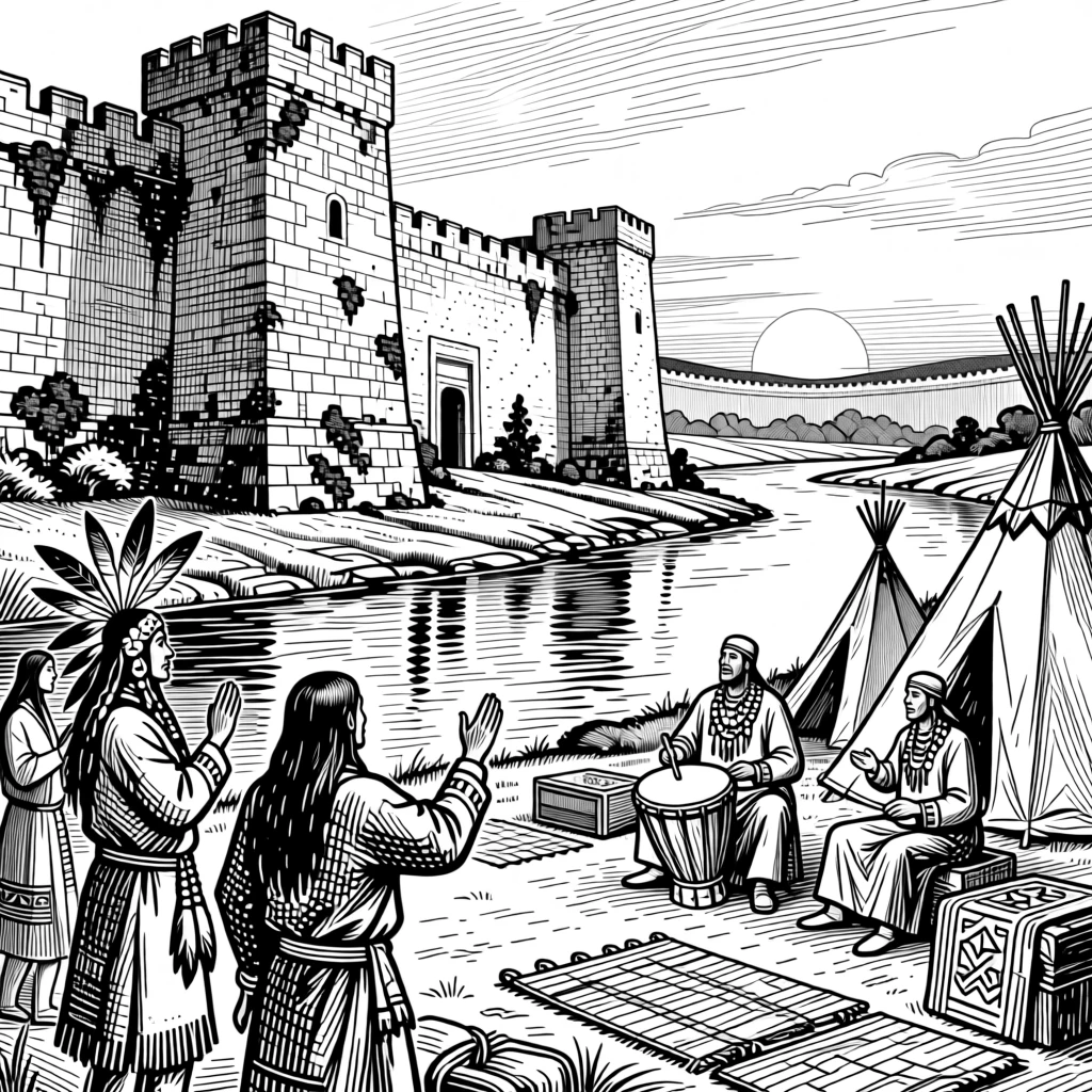 A native american village beside a river at dawn within the walls of a centuries-old fortress, with a sense of ceremony in every gesture, portrayed in a vibrant with cultural pride historical scene.