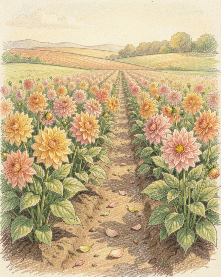 A countryside flower farm with rows of dahlias ready for harvest, bathed in the warm glow of golden-hour light, radiating comfort, joy, and quiet beauty.