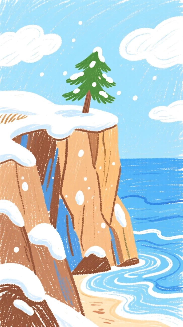 A view of a coastal cliff dusted lightly with the season's first snow.