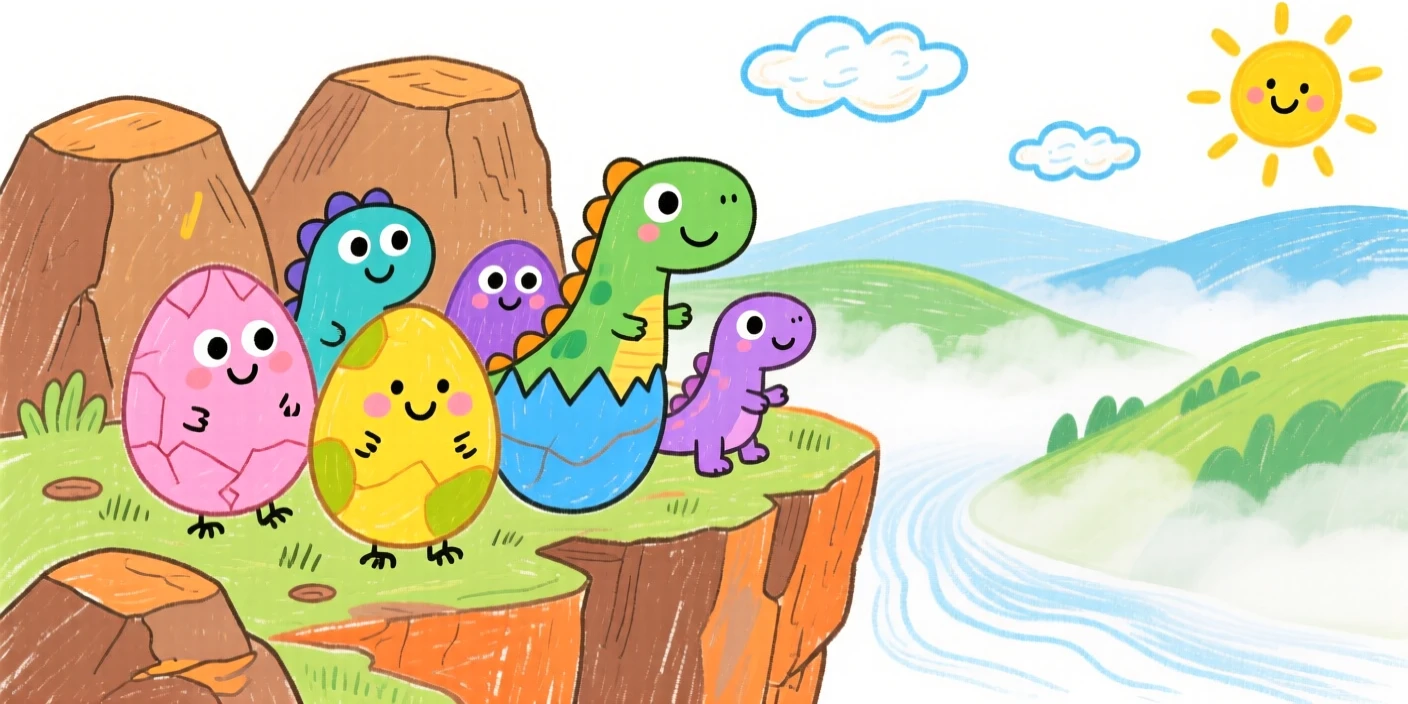 A friendly pack of young dinosaurs hatching from eggs on a rocky cliff overlooking a misty valley.