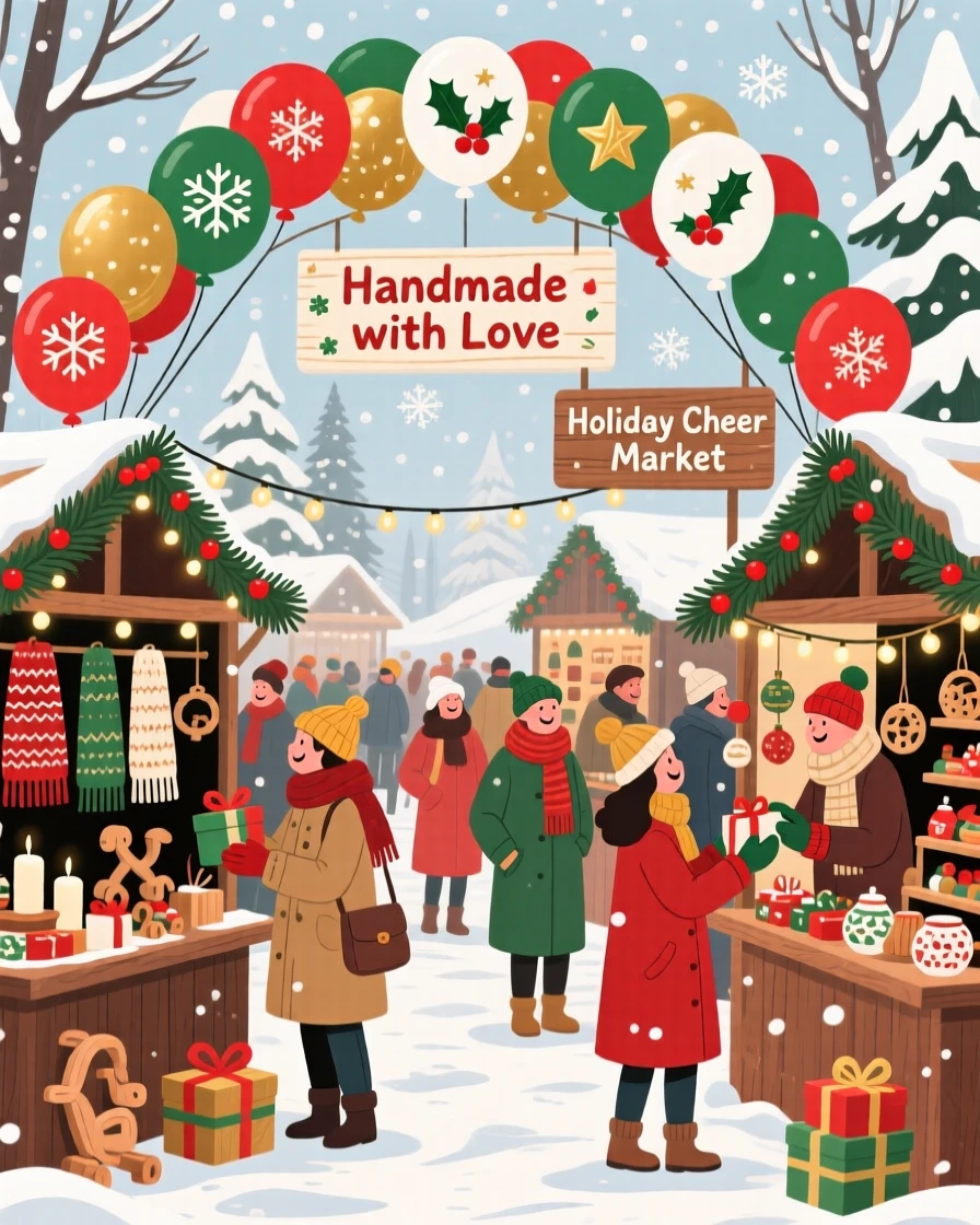 A festive winter holiday market filled with handmade gifts, set beneath a canopy of festive balloons, framed to capture the festive atmosphere in full detail, with a joyful sense of togetherness and celebration.