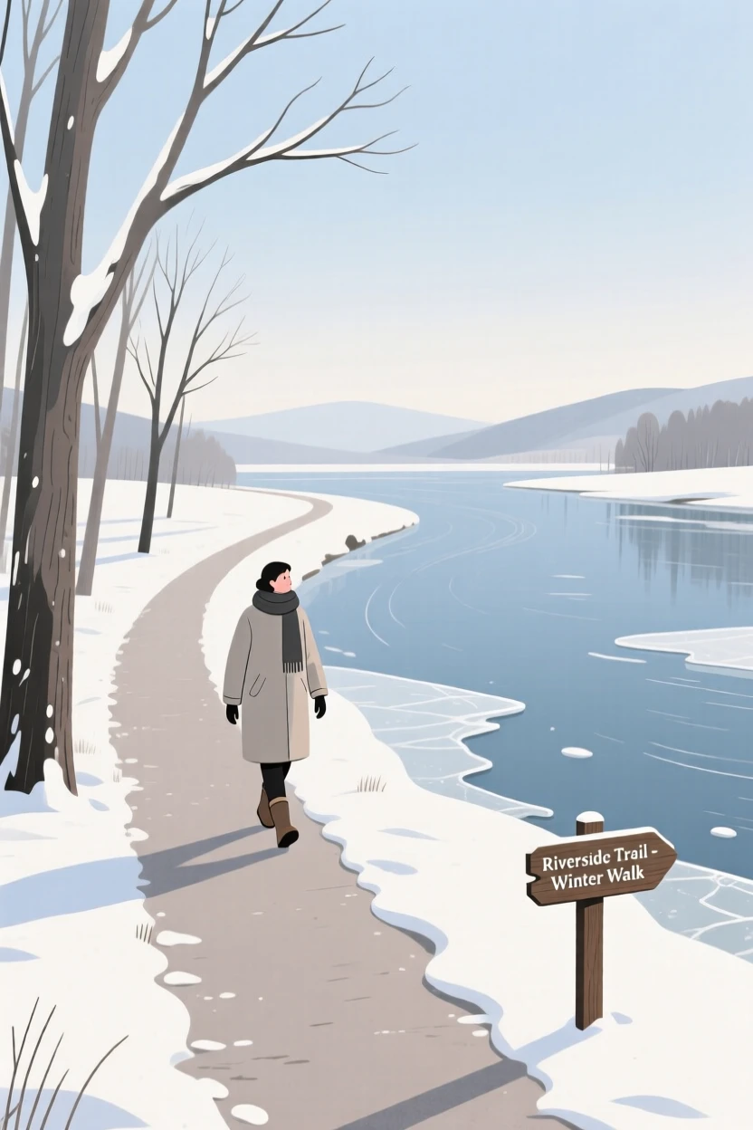 A winter scene of a quiet morning walk in a riverside path.