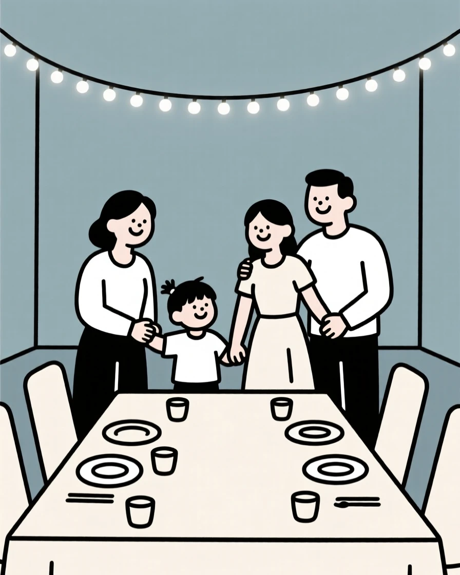 A joyful family reunion taking place in a decorated banquet hall, decorated with strings of twinkling lights, full of joyful celebration.