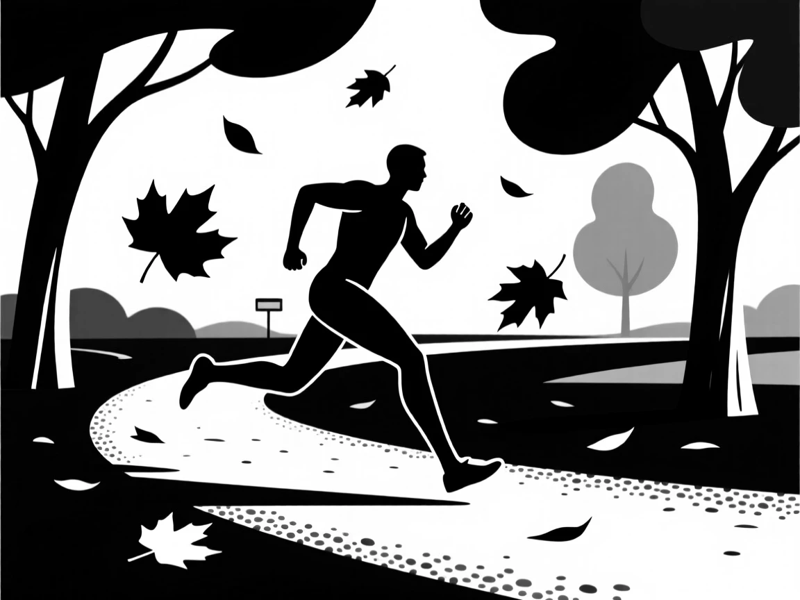A runner sprinting through an autumn park.