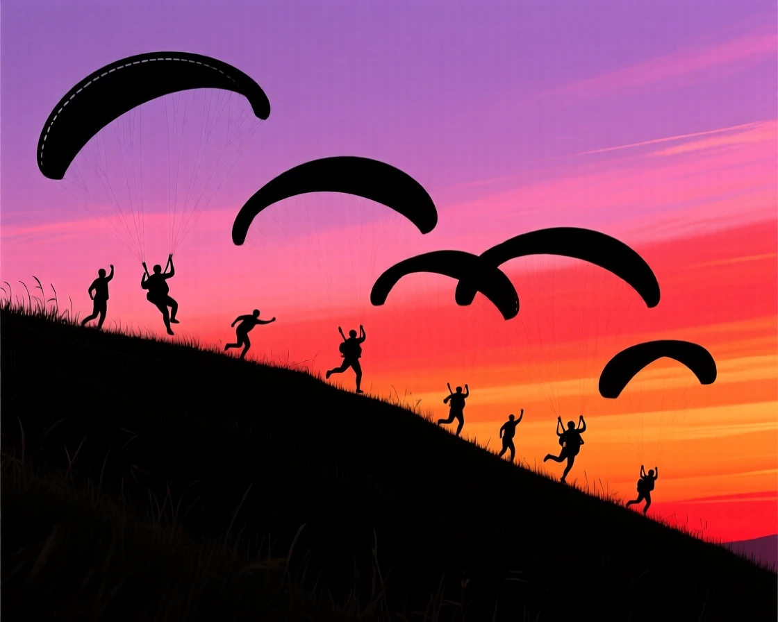 A group of paragliders launching together from a high grassy ridge.
