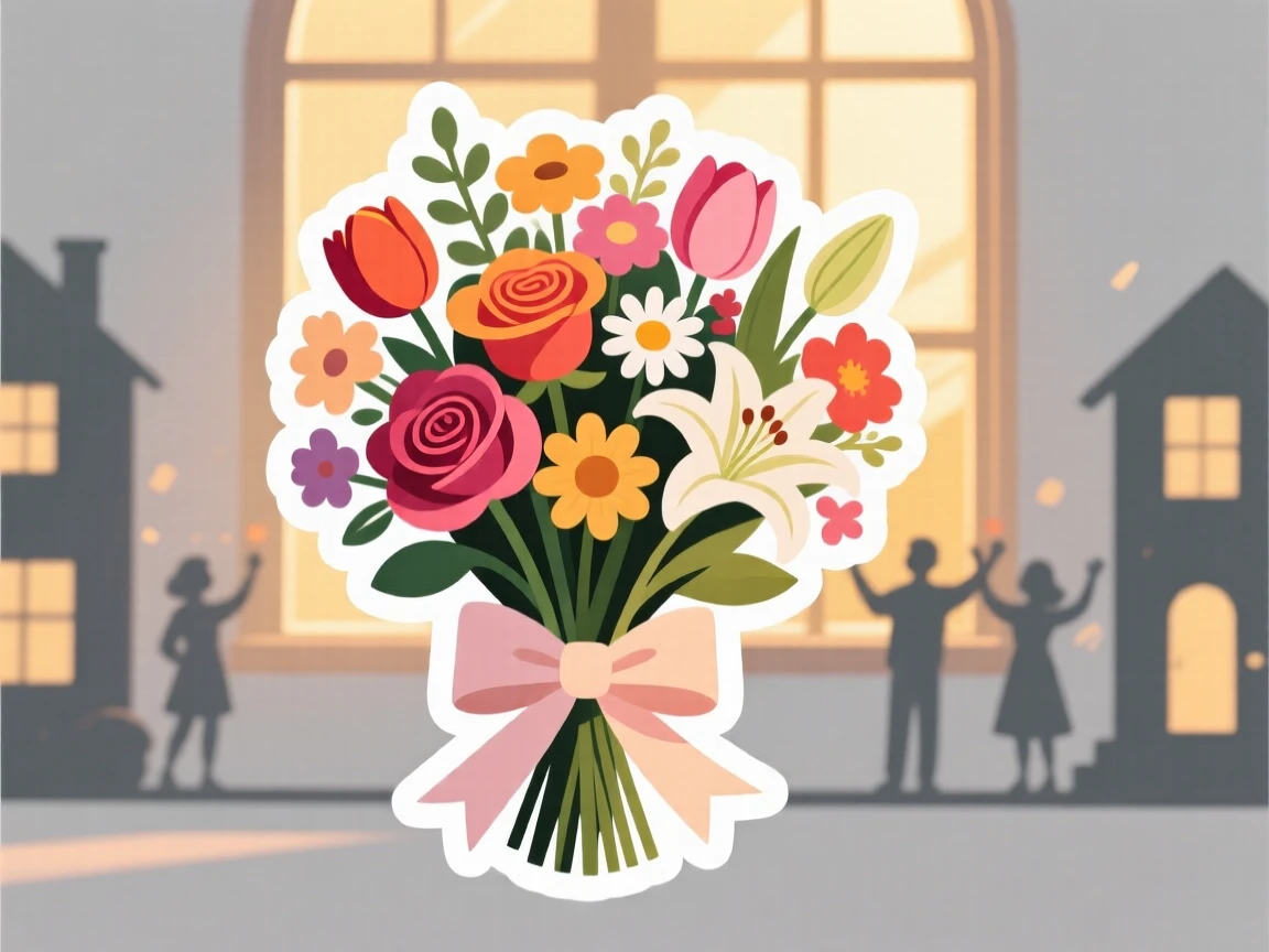 A cheerfully decorated Mother's Day bouquet tied with a ribbon, with warm light spilling from nearby windows, as the whole neighborhood celebrates together.