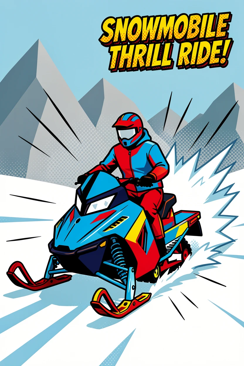 A snowmobile carving through a mountain snowfield