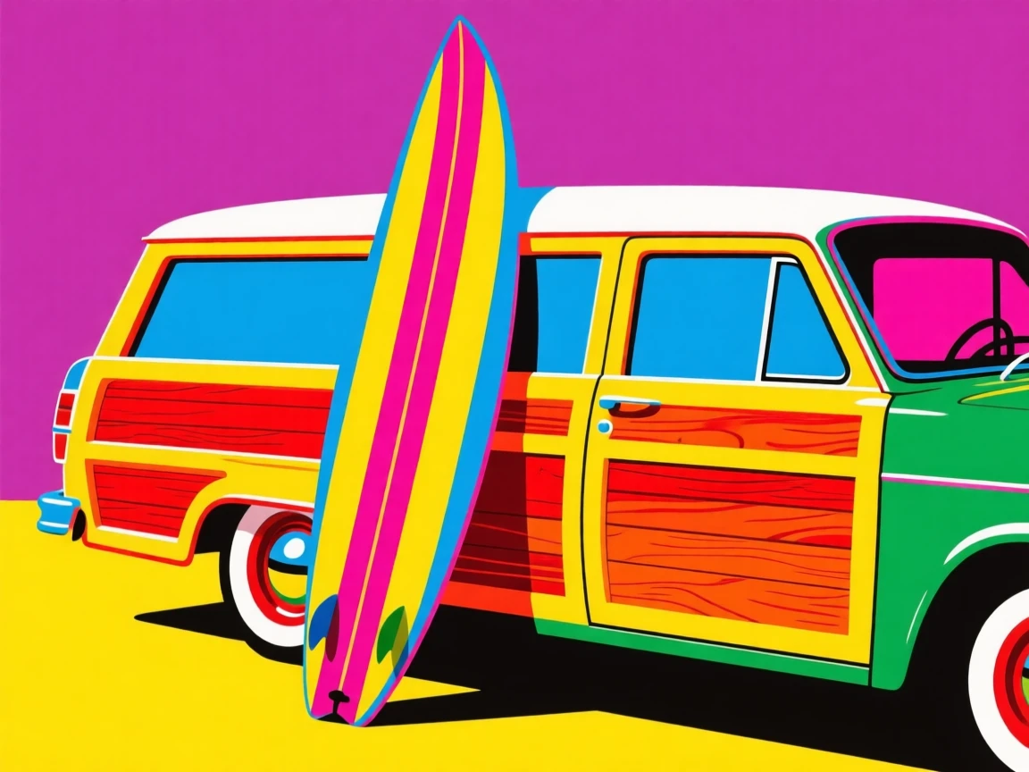 Retro surfboard leaning against a woodie station wagon