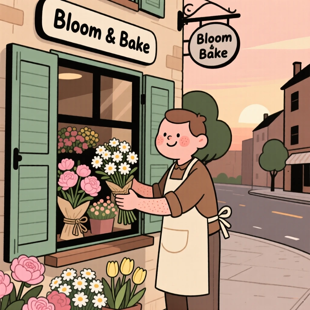 A baker opens the shutters of a small flower shop at dawn, arranging fresh bouquets in the window as the street slowly wakes up.