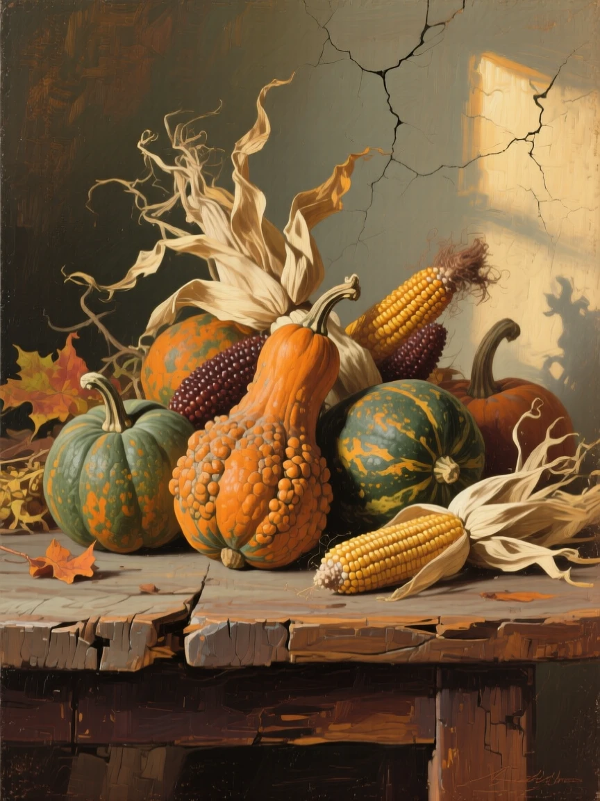 A tightly framed close-up of a cluster of autumn gourds and dried corn on a rustic table, in early morning light.