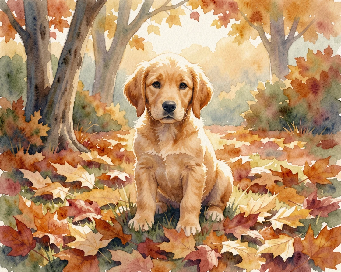 A golden retriever puppy in an autumn garden full of fallen leaves.