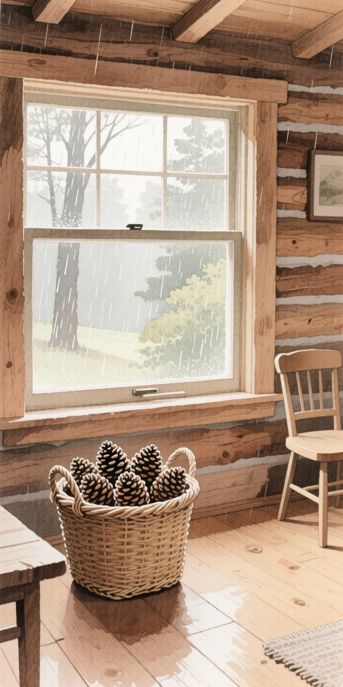 A charming view of a rustic cabin living room, with soft rain falling just outside the window, featuring a woven basket filled with pinecones