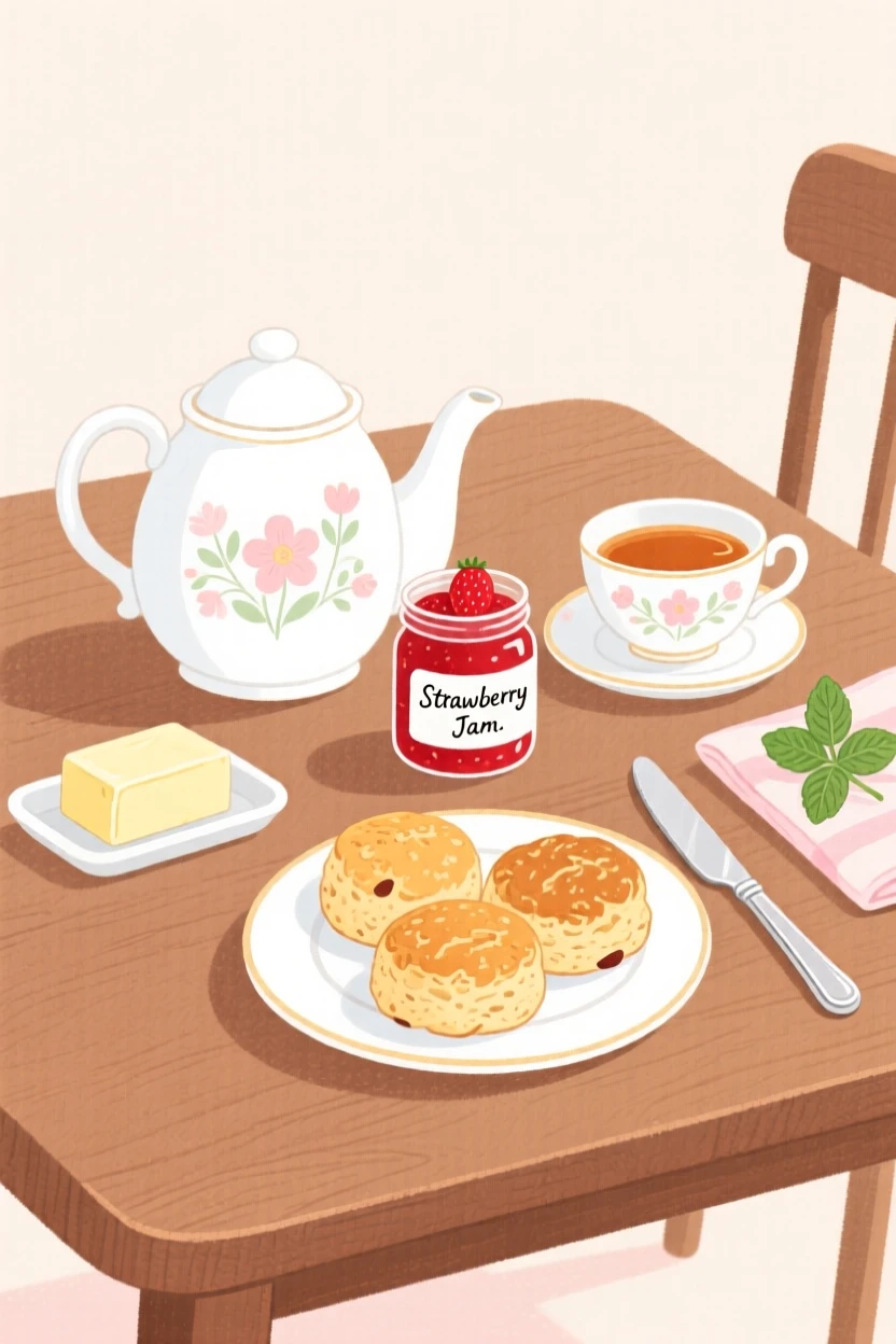 A delightful still life of a table set for afternoon tea with scones and jam.