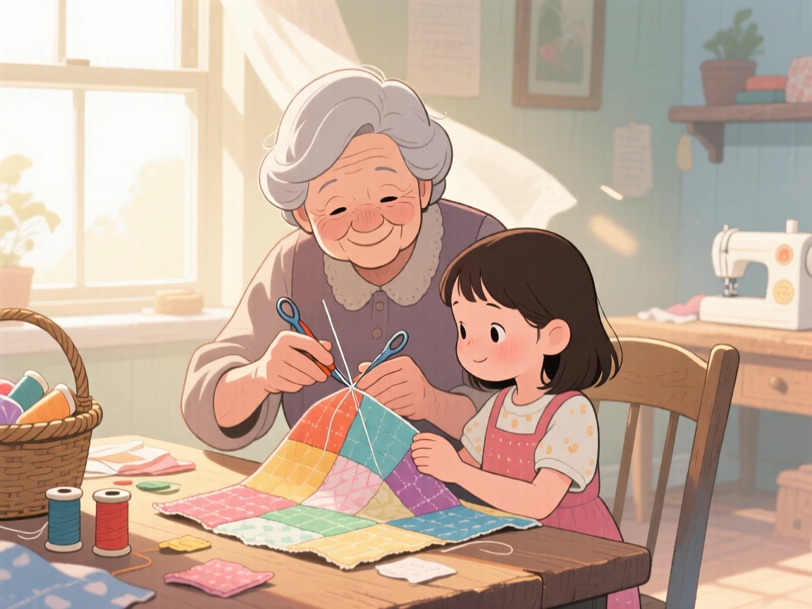 A grandmother teaching her granddaughter to sew her first quilt, amid the quiet hush of an early morning, radiating kindness, hope, and heartfelt emotion.