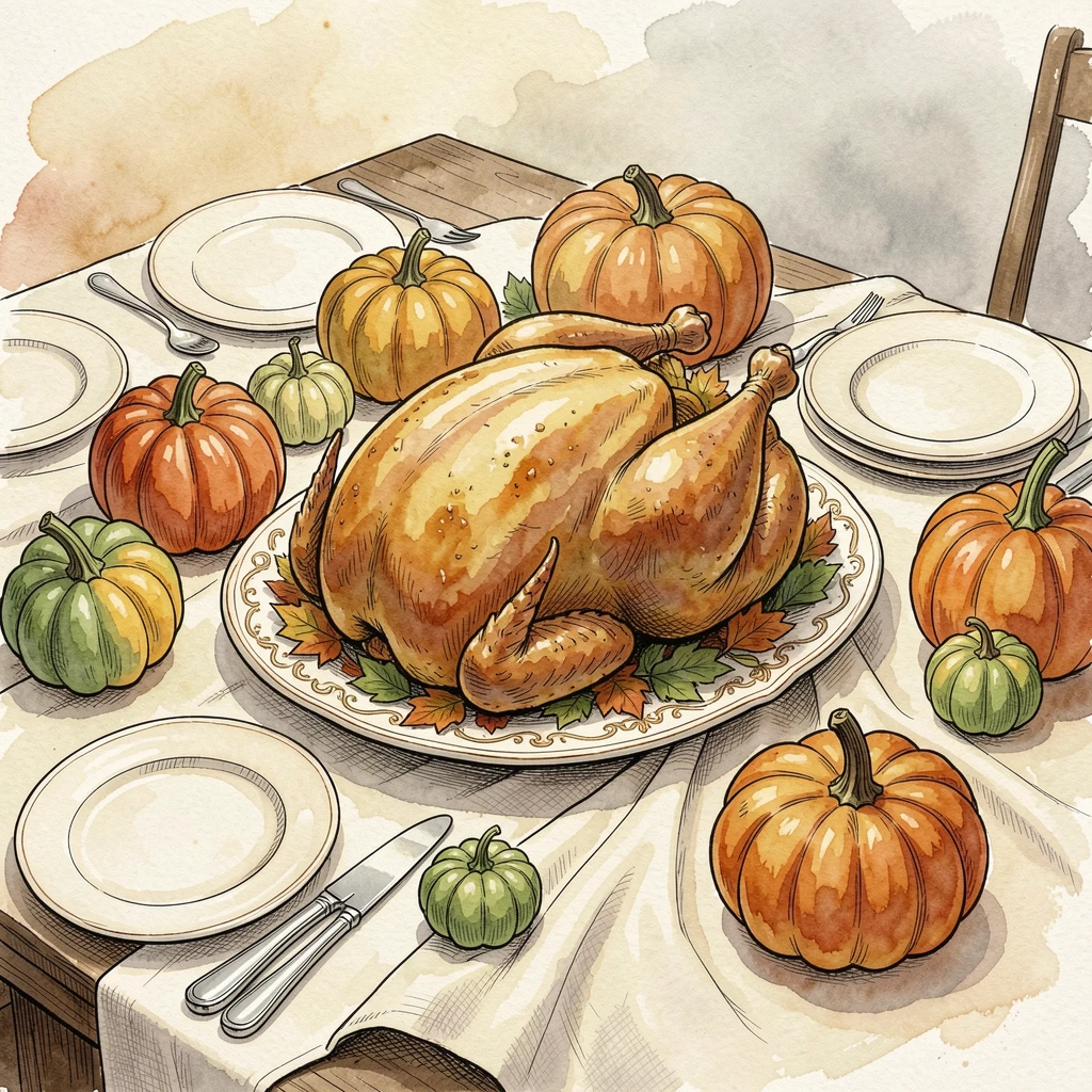 A Thanksgiving table set with a golden roasted turkey and autumn gourds, soft light and seasonal color bringing the moment to life.