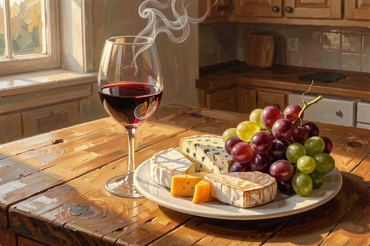 A wine glass beside a plate of cheese and grapes, steam rising gently into the air, on a sunlit kitchen counter, during a cozy evening gathering.