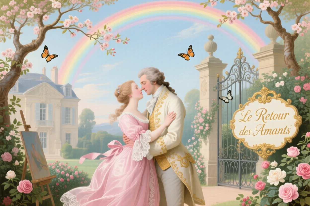 A couple representing reunion, embracing beneath a rainbow over a country estate  