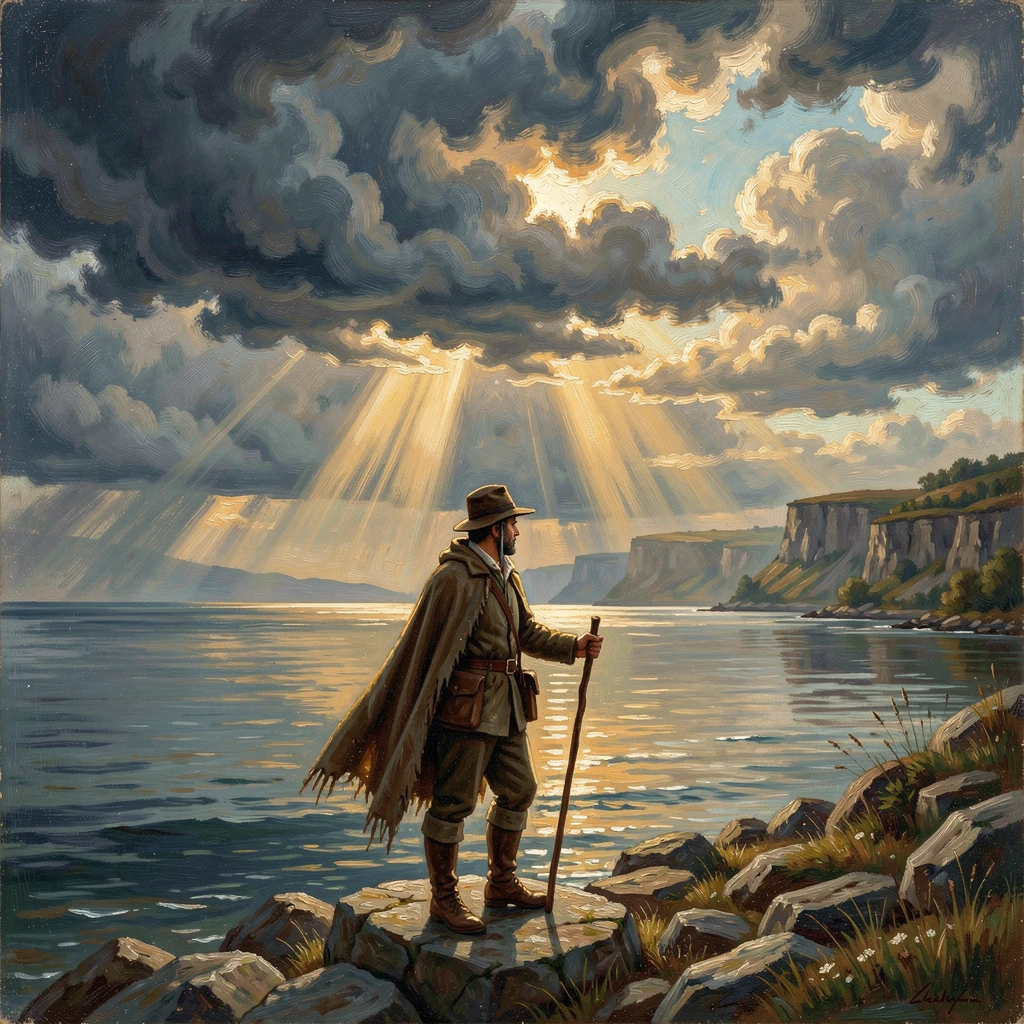 A traveler is bathed in the light of storm clouds parting to reveal the sun above a calm sea.