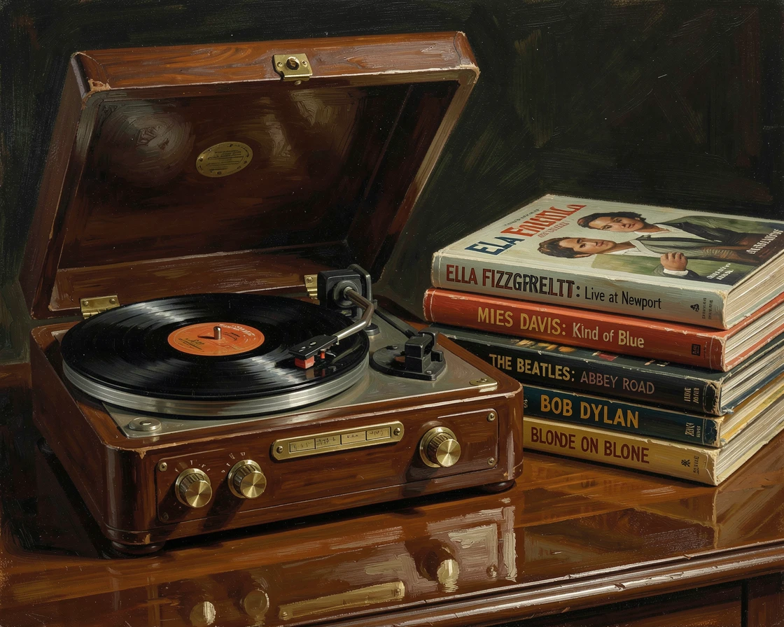 A vintage record player spinning beside a stack of classic vinyl albums, captured with meticulous attention to material and craftsmanship, designed as a sophisticated piece for upscale interior decor