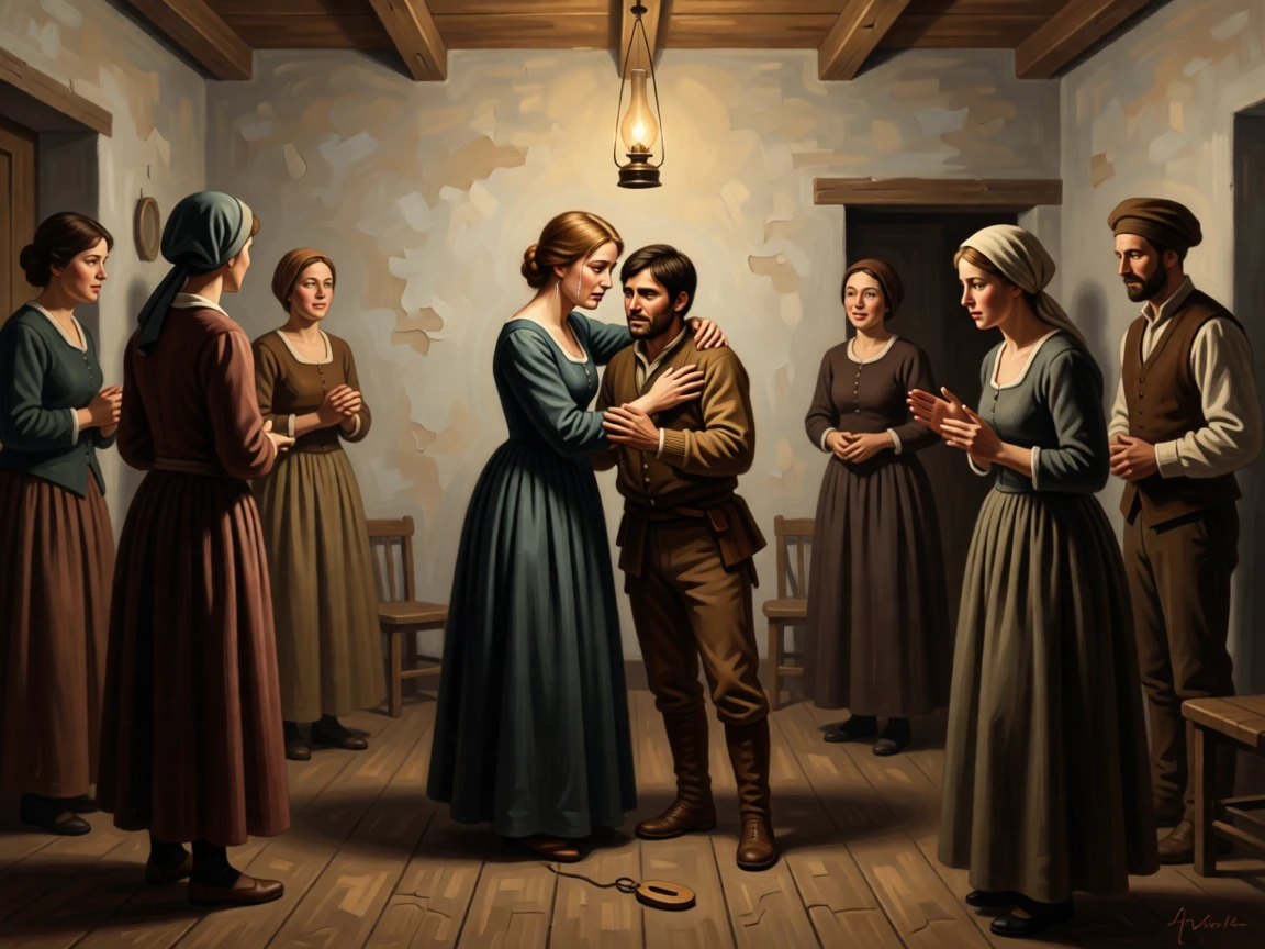 A young woman comforting an injured stranger by the roadside as the weight of years finally lifts, set within a modest cottage lit by a single lamp, with trembling hands, tear-streaked faces, and a single dropped object forgotten on the ground; the surrounding onlookers form a soft frame around the emotional core, radiating hope restored after long hardship.