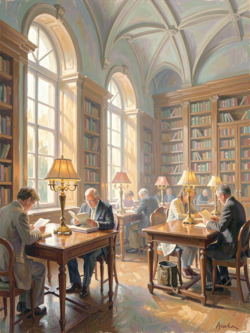 A grand library reading room filled with scholars beneath tall arched windows and brass lamps, as the first light of dawn breaks, inspiring awe at the beauty of the scene.