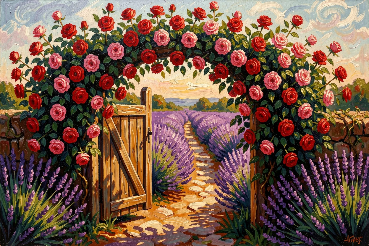A rose-covered cottage gate opening onto a path lined with lavender.