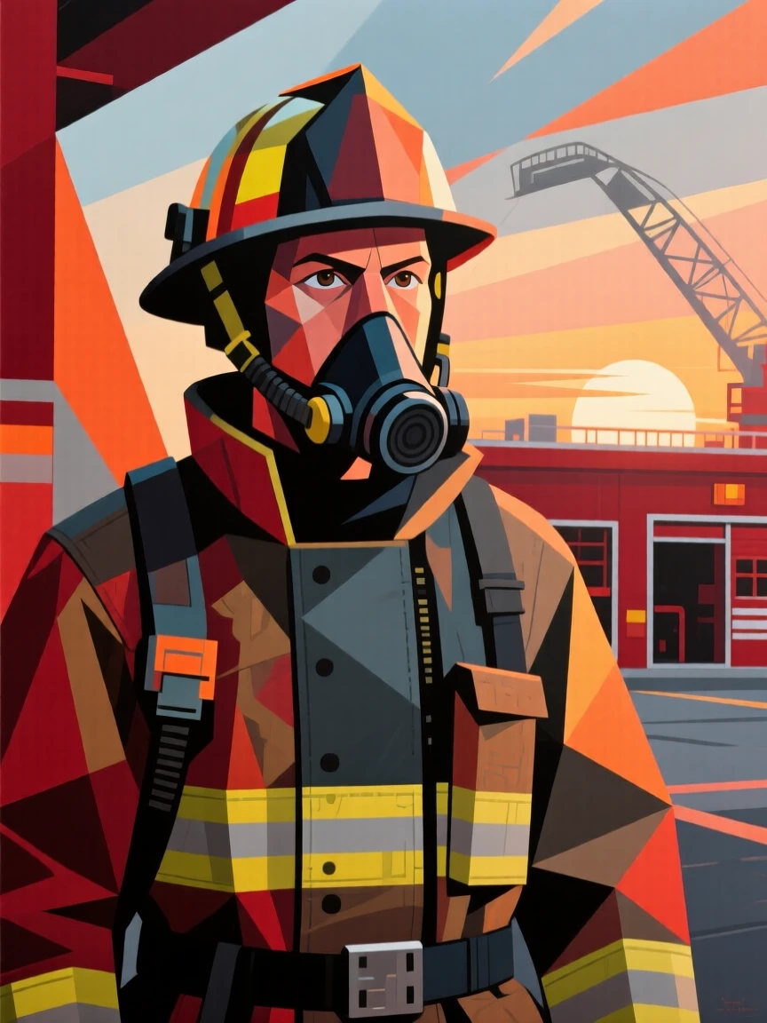 A medium shot portrait of a firefighter at dawn before the day's work begins, focused and content in the craft.