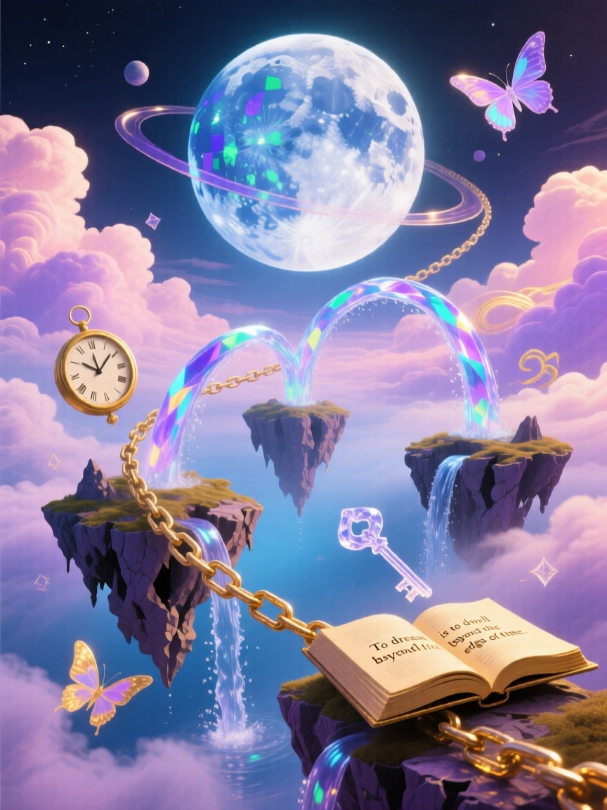 A chain of rocky islets orbiting a slow-spinning moon orbits silently through banks of soft cloud, while streams of water arc upward instead of down.