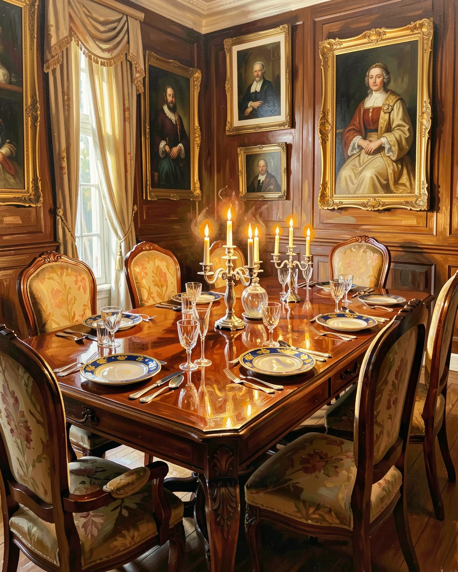 An elegant Georgian dining room shows a long polished table set with fine china, candlelight flickering across gilt-framed portraits on the walls, the changing light of the hour casting long shadows that add depth to every surface.