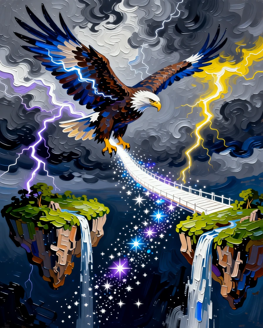 a storm eagle summoning lightning from its wings crossing a bridge of starlight between two floating islands