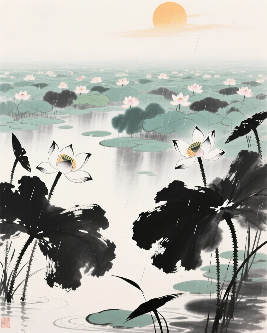 A wide lotus pond blooms fully beneath the height of summer sun, with mist rising after a sudden afternoon shower.