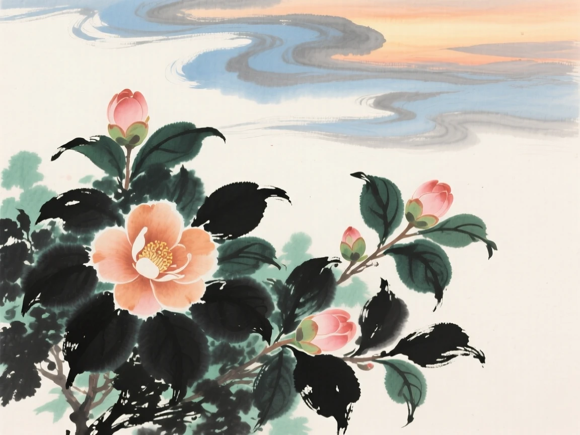 Camellias blooming brightly against a background of dark green leaves, beneath low hanging clouds, at dusk.