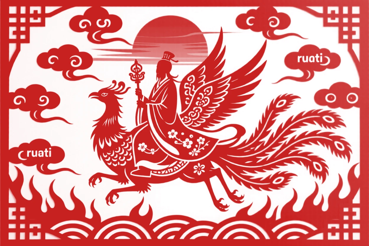 A mountain deity, riding a phoenix across a fiery sunset sky, beneath a sky filled with auspicious clouds.
