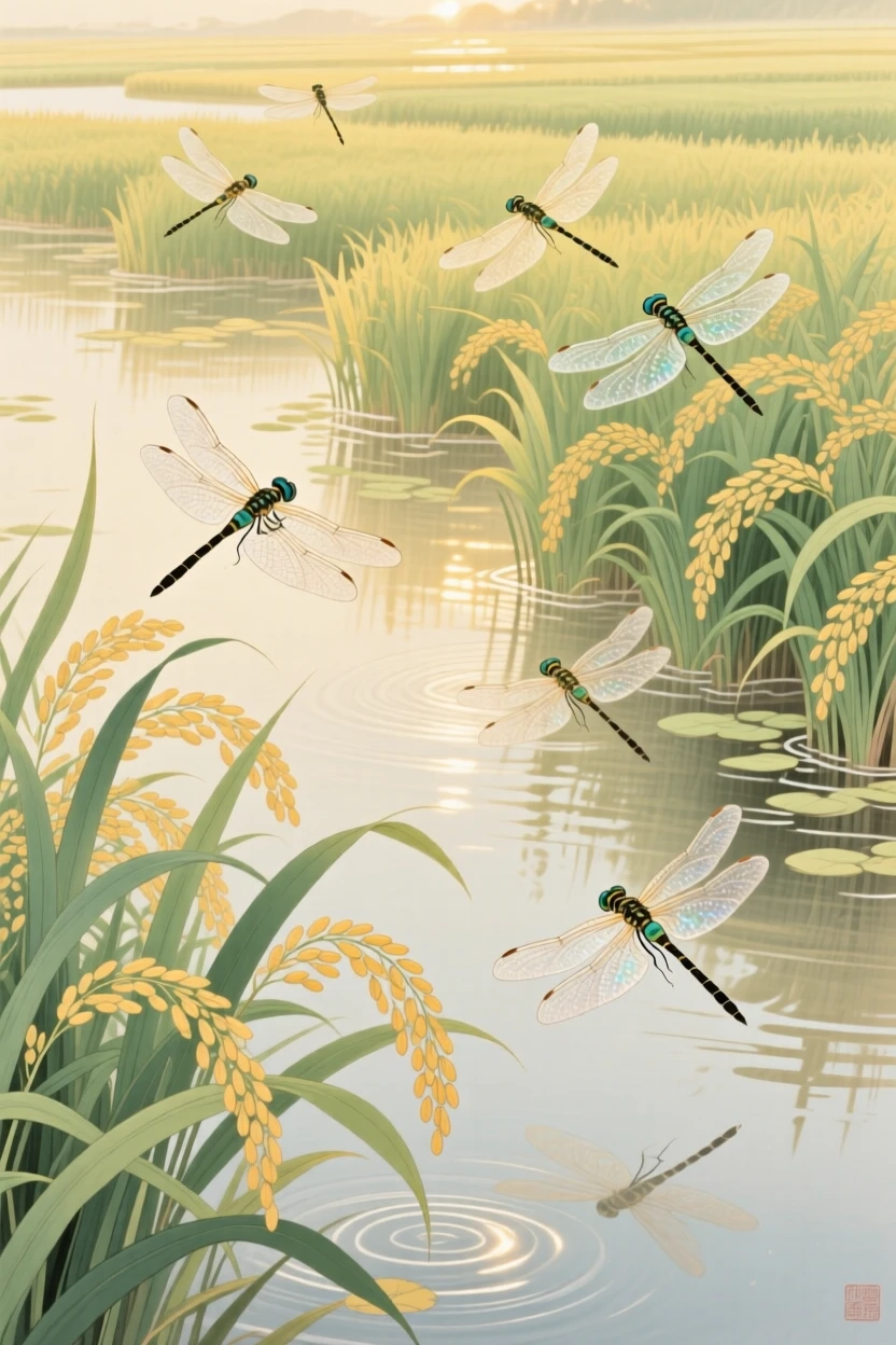 Dragonflies hovering above a rice paddy in the heat of midsummer