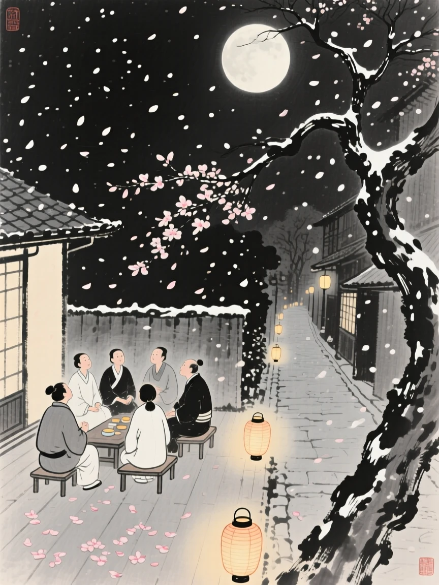 A moon-viewing gathering on a quiet garden terrace along a lantern-lit street, framed through drifting petals or falling snow for depth, conveying cozy stillness and seasonal wonder.