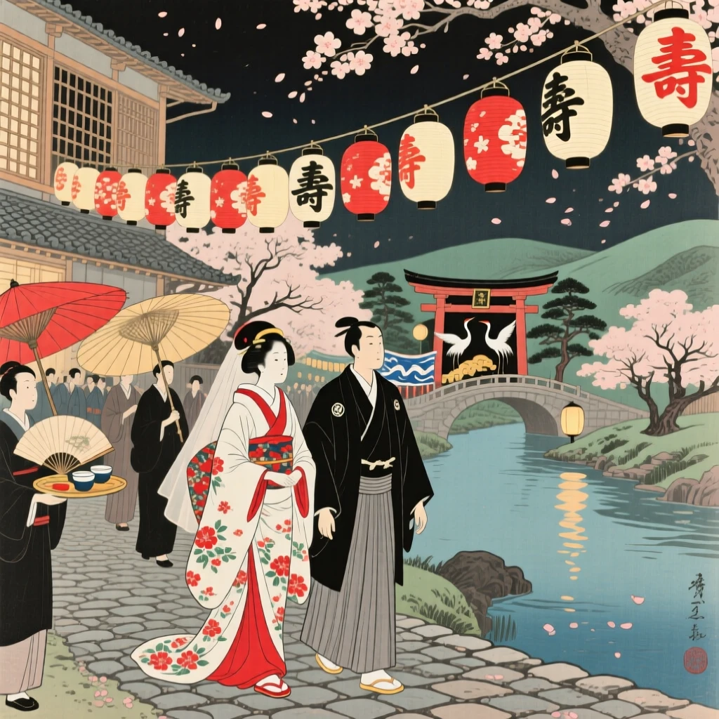A wedding procession performing beneath strings of festival lanterns.