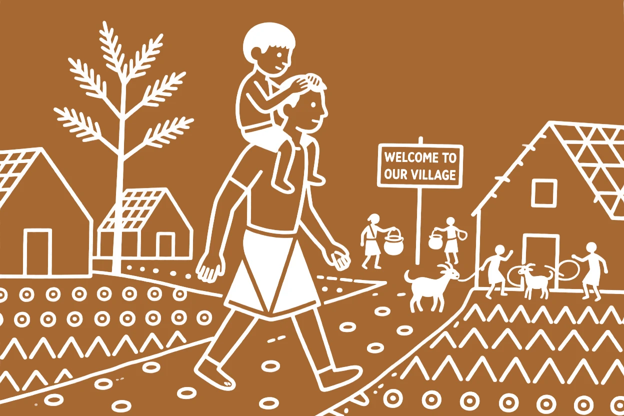 A shy young boy riding on a father's shoulders through the village.