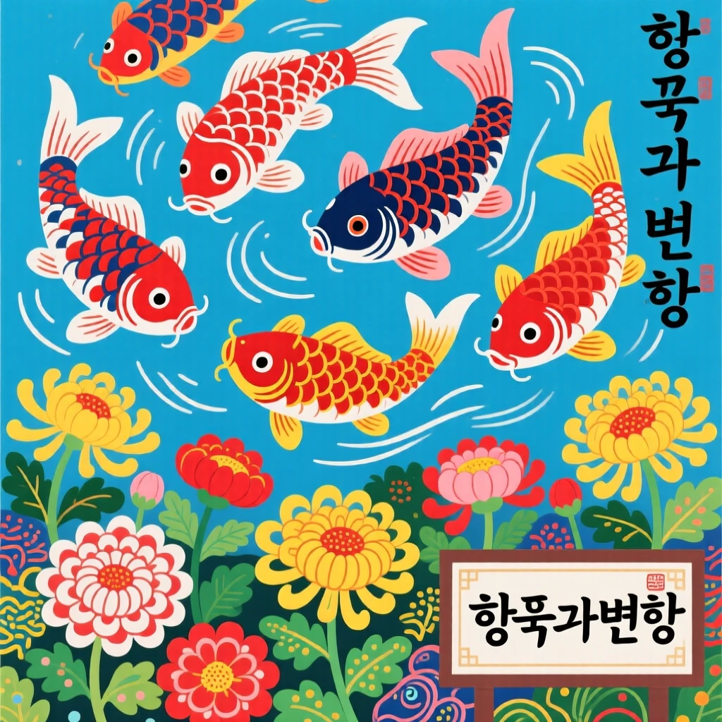 A school of koi fish dancing above a garden of chrysanthemums.